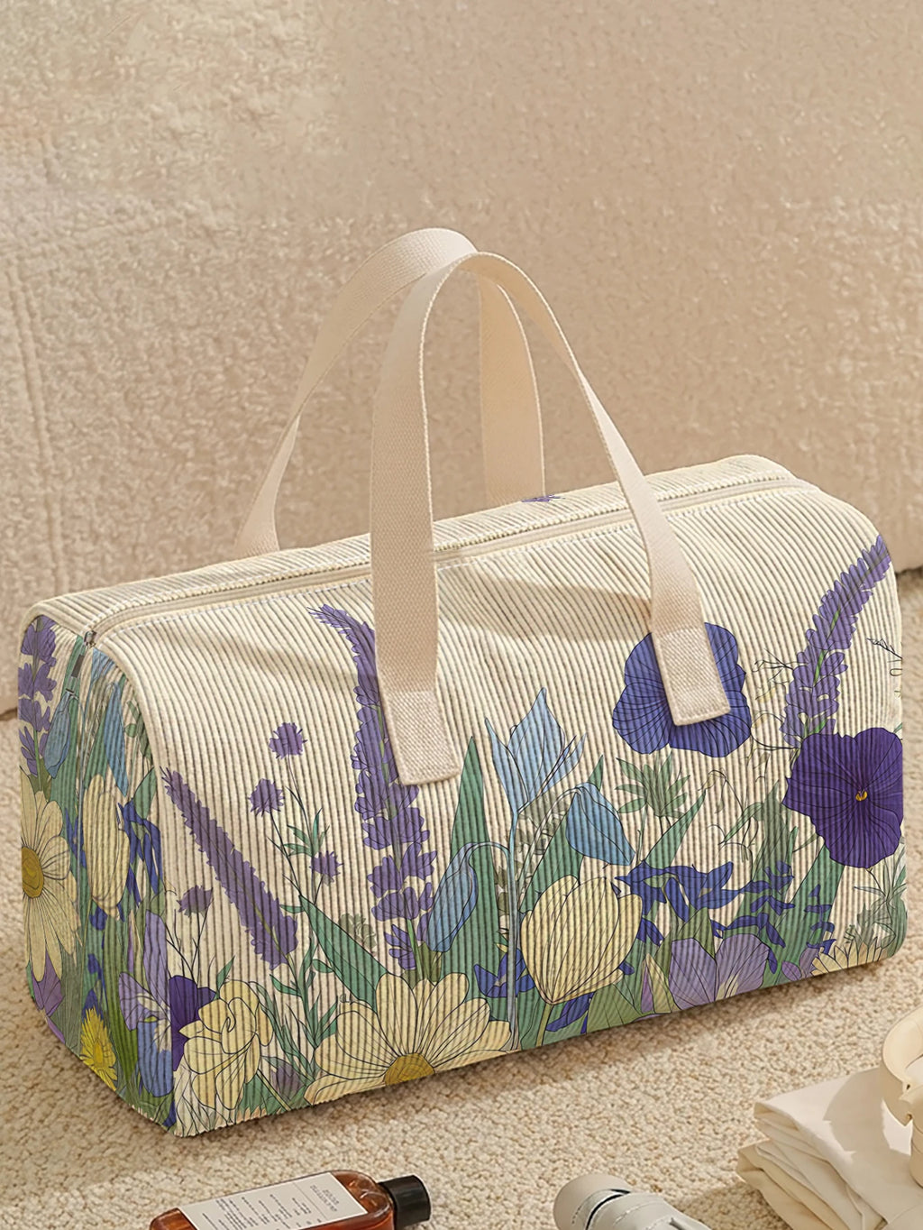 1pc, Two styles, Purple Wildflower Printed Corduroy Duffle Bag Portable Handbag suitable for Weekend Trip Sports Shopping