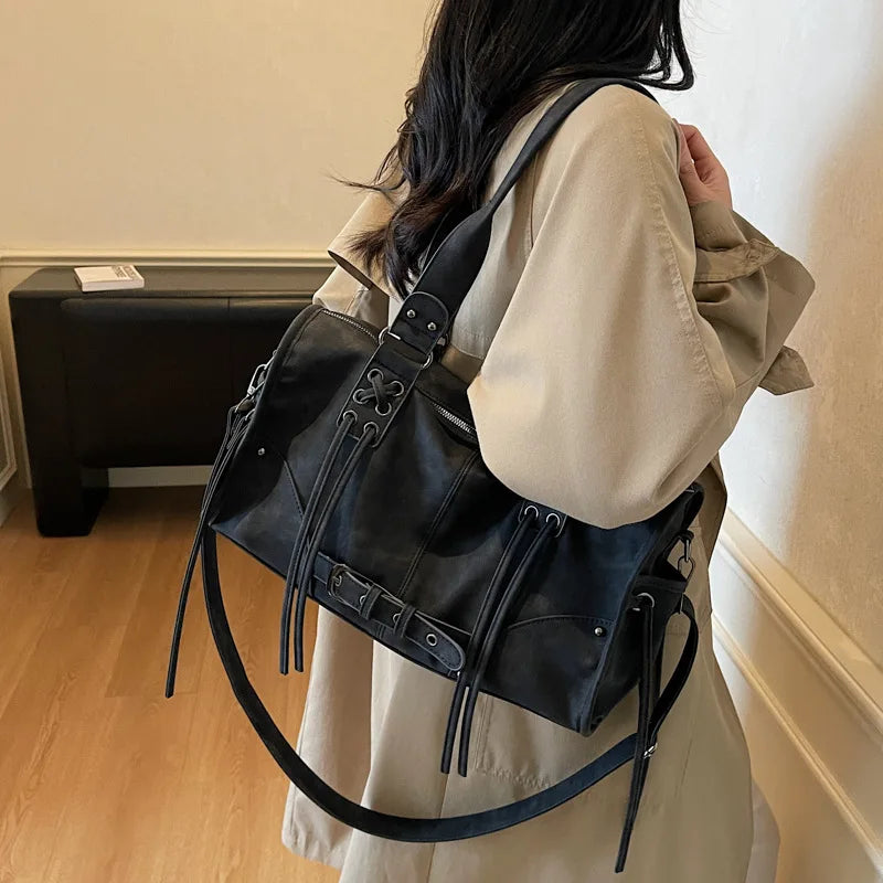 Women's Vintage Faux Leather Tote Bag, Large Capacity Crossbody Shoulder Purse with Lace-Up Detail, Casual Streetwear Use