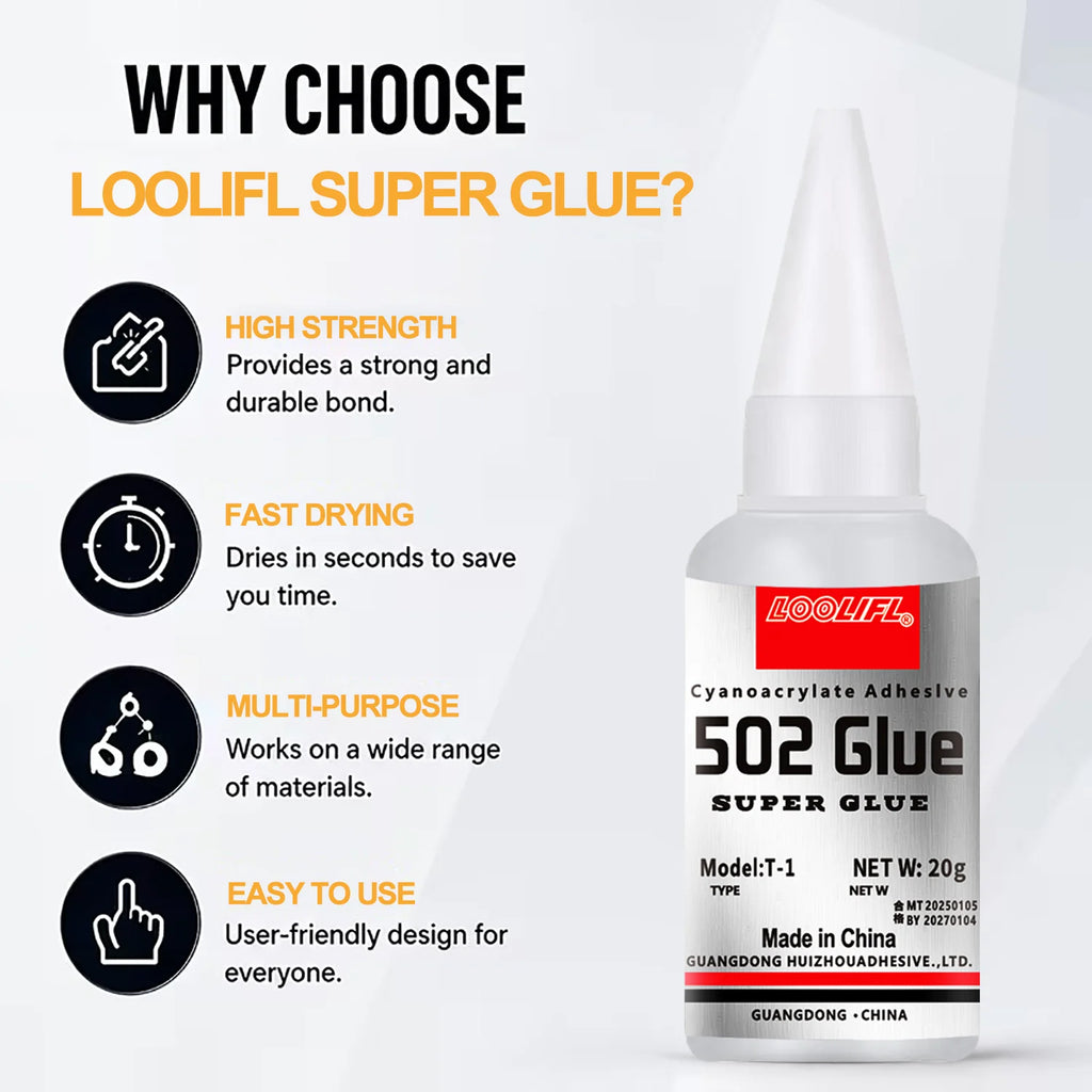Loolifl 502 Strong Instant Adhesive, Cyanoacrylate Adhesive, Transparent and Traceless, Fast and Firm Bonding, Precise Application with a Fine Nozzle; Suitable for Plastic, Metal, Wood, Rubber, Shoe Repair, Universal All-Purp