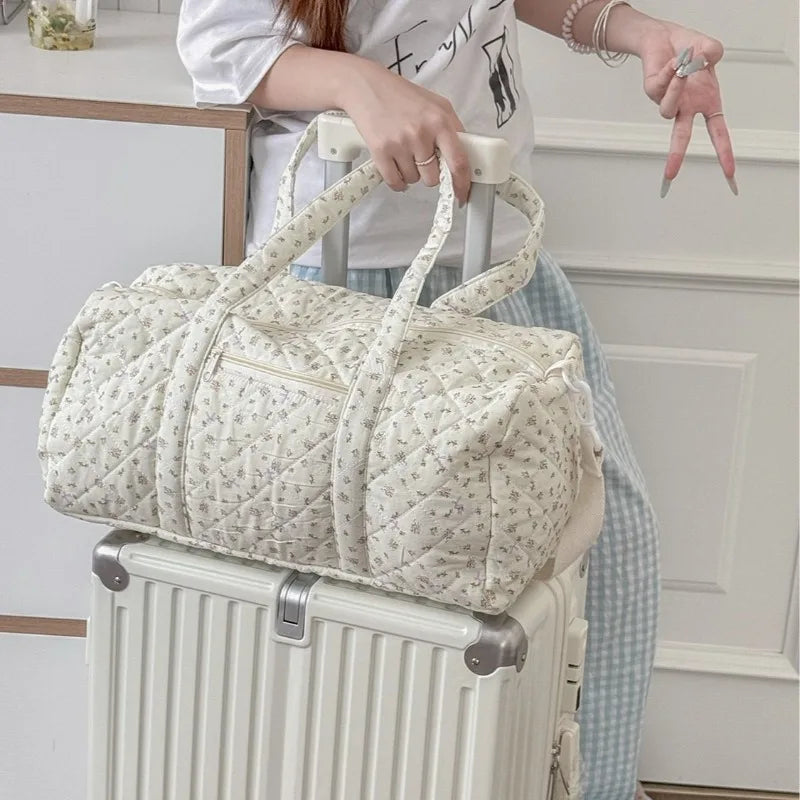 Tiny Floral Quilted Duffle Bag with Luggage Sleeve,Detachable Shoulder Strap Soft  Large Capacity Handbag for Women Short Travel
