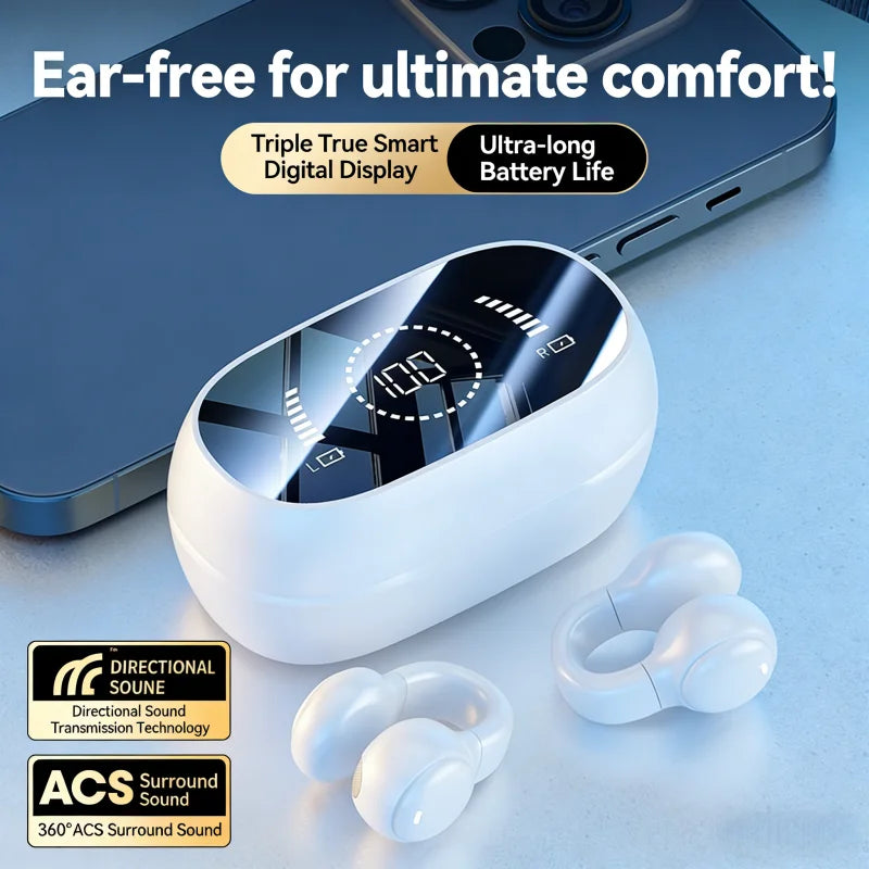 Mirror Digital Display Wireless Bluetooth Headphones Soft Silicone Ear Clip Noise Reduction HiFi Lossless Stereo Sports Earbuds
