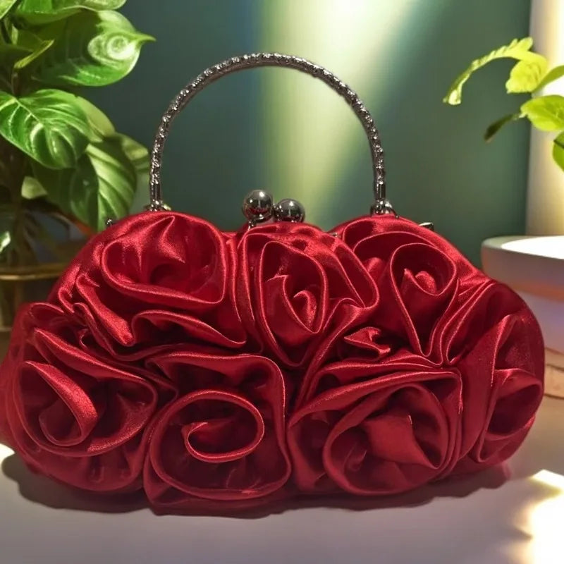 Satin Flower Clutch Bag Roses Handbag Evening Bag Sweet Style Soft Square Shape Handheld Bag for Bride Party Dinner 2026 New