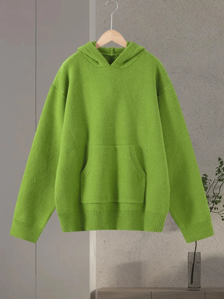Green Sweater Knitted Women Hooded Casual Long Sleeve Solid Loose Woman Pocket Pullover Jumper 2026 Spring Female Sweaters Top