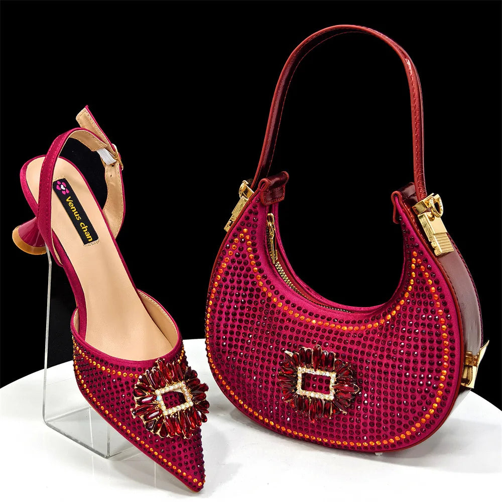 Ladies pointed shoe bag set, diamond buckle flower decoration, wine glass heel, with clutch bag (soft)