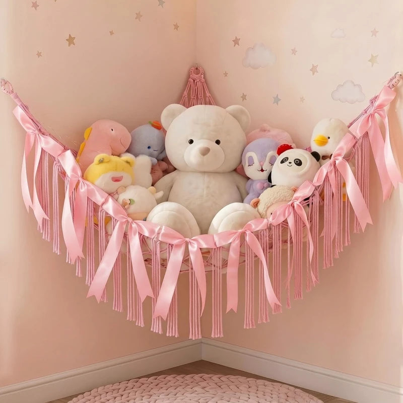 Large Toy Hammock Net Organizer Bohemian Tassel Bow Stuffed Animal Hammocks Wall Corner Hanging Storage Mesh Home Decoration