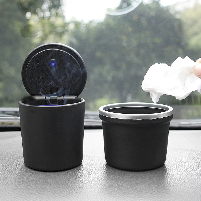 Car cigarette ash cylinder with built in LED light for smoke ash collection ideal for driver passenger use