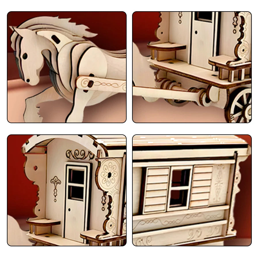 OUZEY DIY Wooden Blocks Antique Horse Carriage Wooden Model, 3D Fairytale Puzzle Kit, Romantic Collectible Gift for Adults
