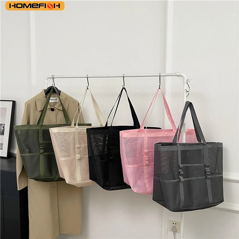 HOMEFISH Multipocket Summer Large Beach Bag For Towels Mesh Durable Beach Bag For Toys Waterproof Underwear Pocket Beach Tote