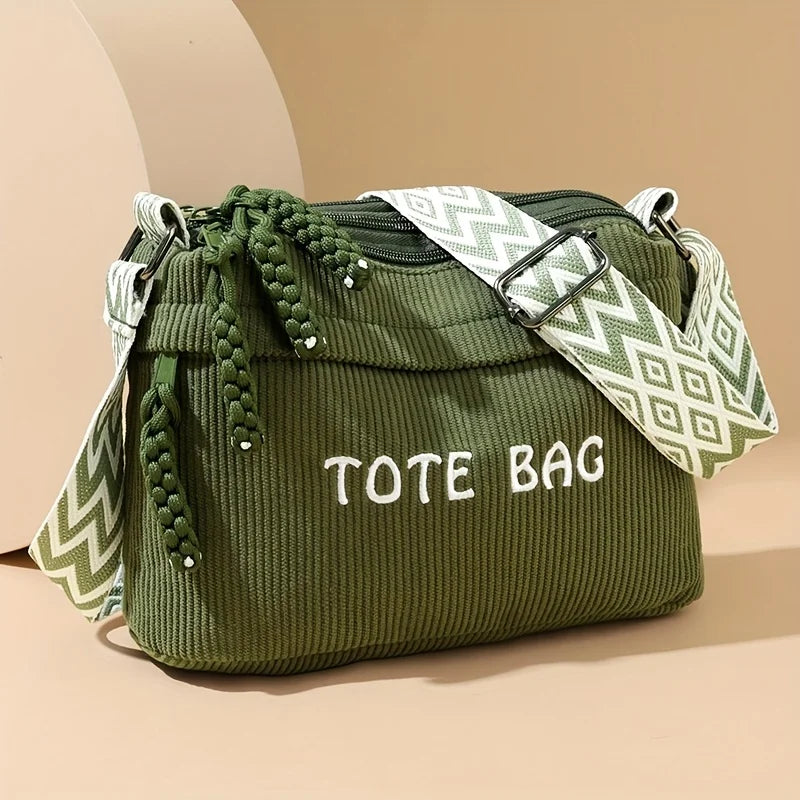 Women's Large Capacity Retro Washed Fabric Bag with Multiple Pockets, Flashy Travel Bag, Lightweight Artsy Casual Crossbody Bag