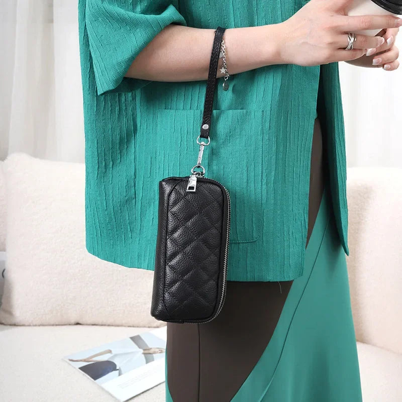 Double Zipper Clutch Bag for Women Genuine Leather Coin Pocket Money Purse Women's Clutches Female Clutch Purse with Wrist Strap