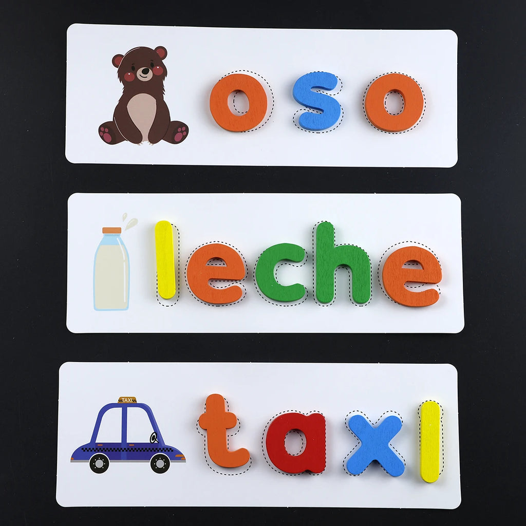 Kids Spell Spanish Jigsaw Enlightenment Words Game Wooden Toy Learning Letter Alphabet Puzzle Baby Educational Toys for Children