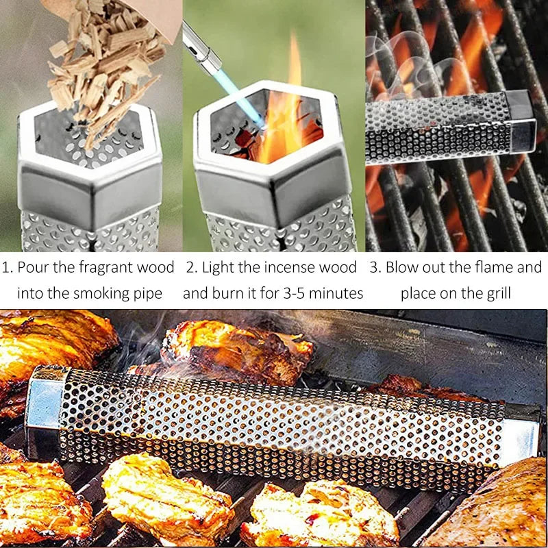 BBQ Stainless Steel Perforated Mesh Smoker Tube Filter Gadget Hot Cold Smoking  BBQ Smoked Spice Tube