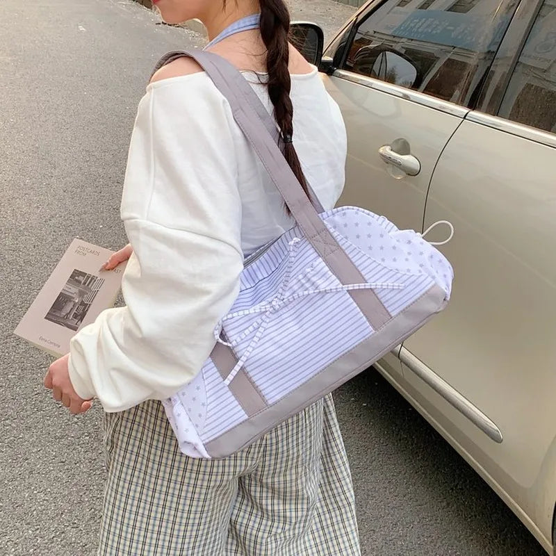 Women's Striped Star Print Shoulder Duffle Bag, Casual Handbag for Daily Outing Short Trip Gym