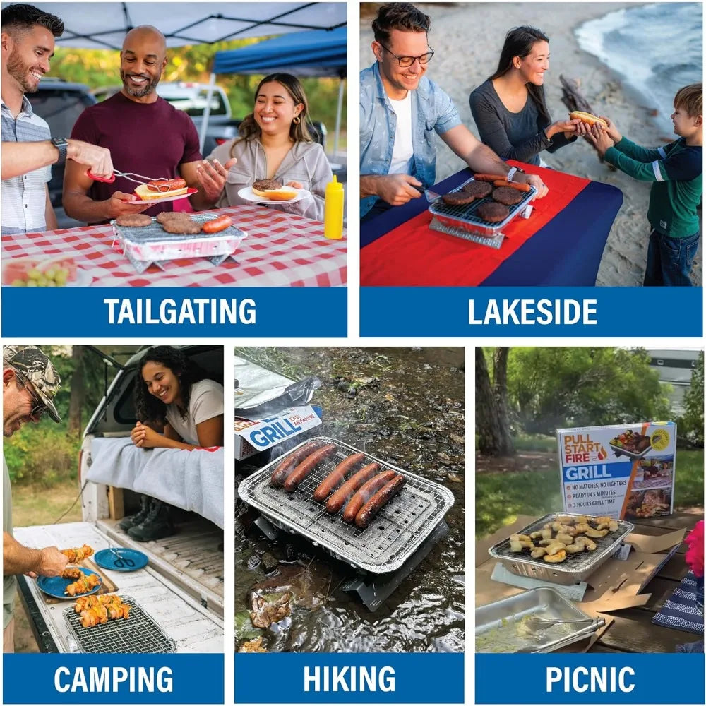 Pull Start Fire Portable Disposable Charcoal Grill Ready in 5 Min 3 Hour Burn Camping Tailgating Outdoor Cooking
