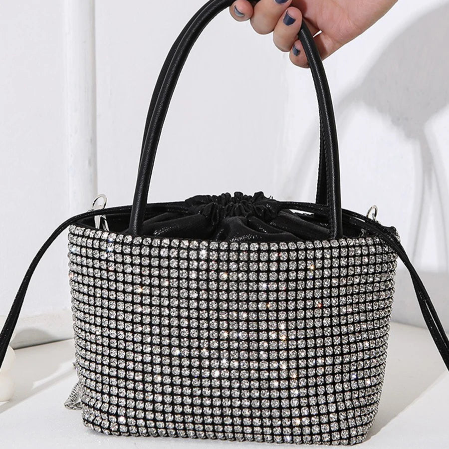 Luxury party dinner bag, drawstring diamond handbag, large capacity bucket bag, banquet chains shoulder crossbody women's bag