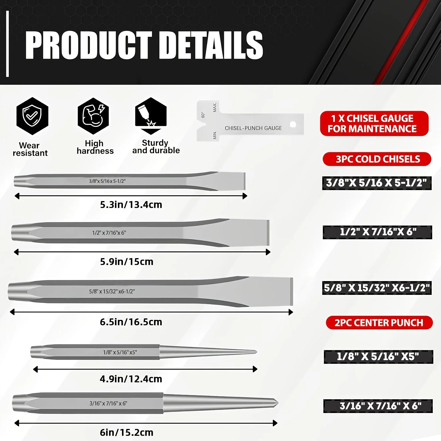 16Pcs Punch and Chisel Set With Storage Pouch, Including Taper, Cold Chisels, Pin, Center, Chrome Vanadium Steel