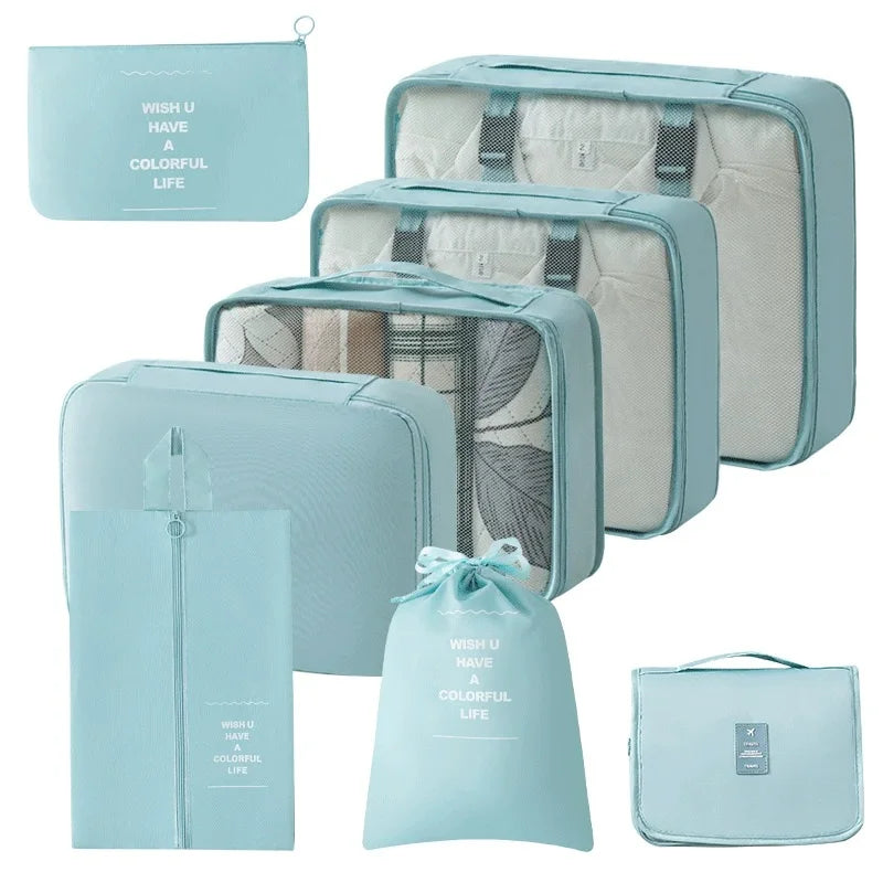 8Pcs Travel Organizer Set Portable Folding Suitcase Packing Cubes for Clothes Shoes Tidy Pouch Luggage Storage Bags