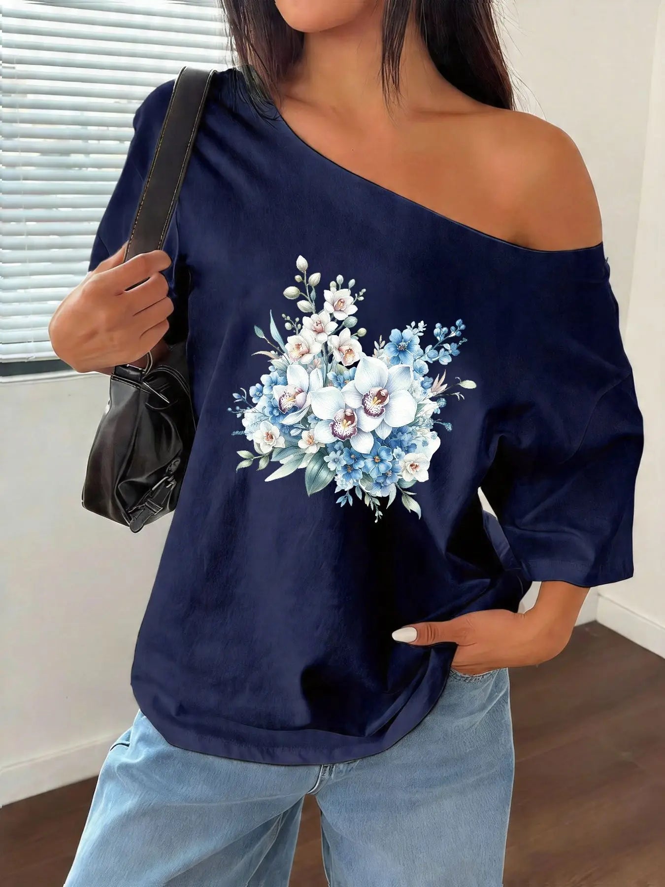 100% Cotton Plus Size Blue White Orchid Floral Print Shoulder Loose Print T-Shirt Oversized Y2K Style Graphic Tees Women Tops