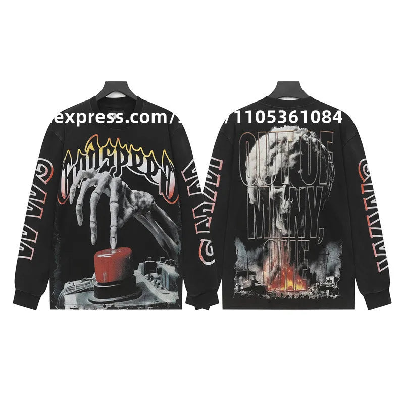 2026 Quality American Skeleton Pattern Printed Washed GODSPEED Long Sleeves T-shirt High Street Casual Cotton Round Neck Men Top