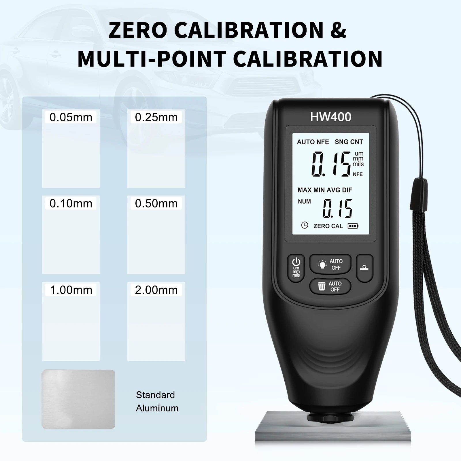HW400 Car Coating Thickness Gauge 0.1micron/0-2000um Car Paint Film Thickness Tester Measuring Tool Fe & NFe Coating Meter