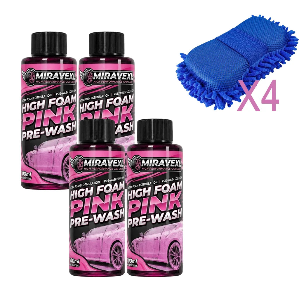 MIRAVEXL High Foam Pink Pre-Wash 100ml Car Care Set, Deep Cleansing Foam Solution, Professional Blue Microfiber Wash Mitt
