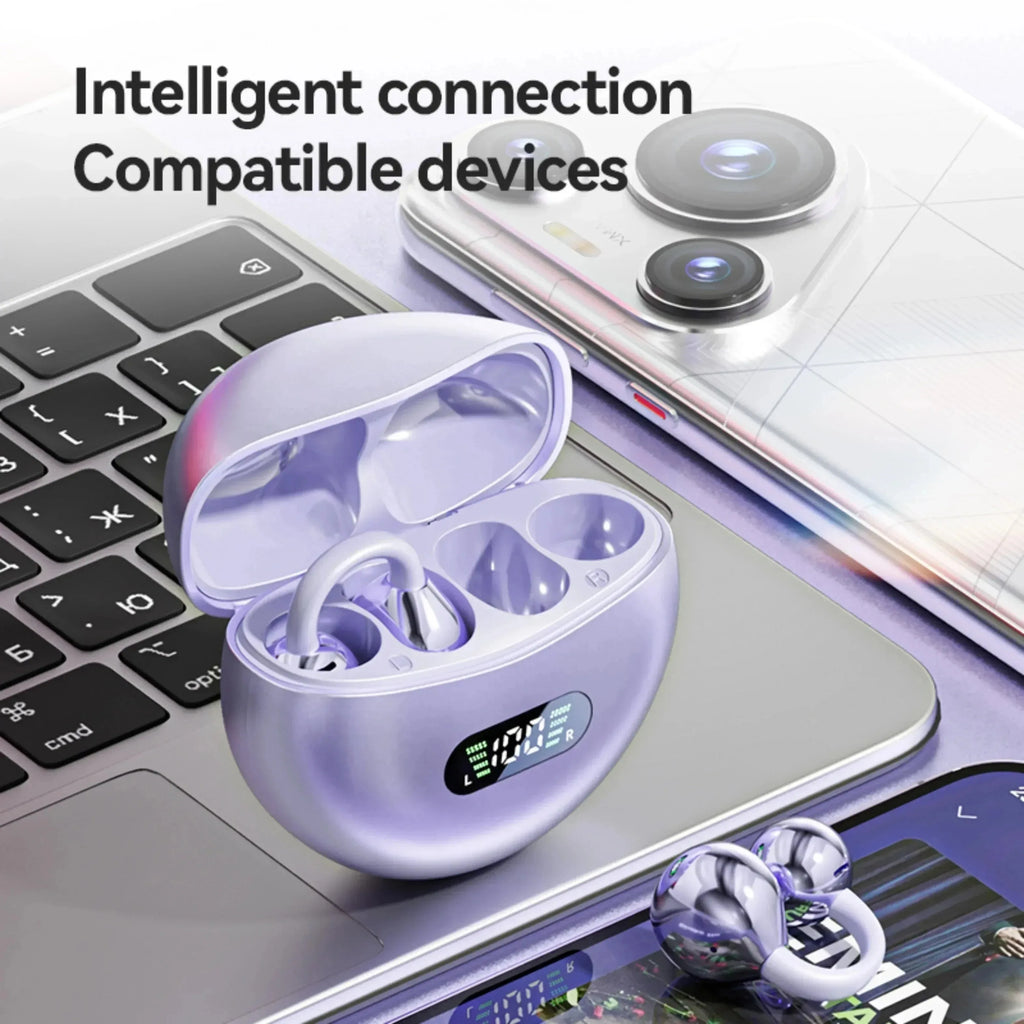 Ear Clip Digital Display Headphones Wireless Bone Conduction Bluetooth 5.4 Earbuds Comfortable Waterproof Sport Headsets