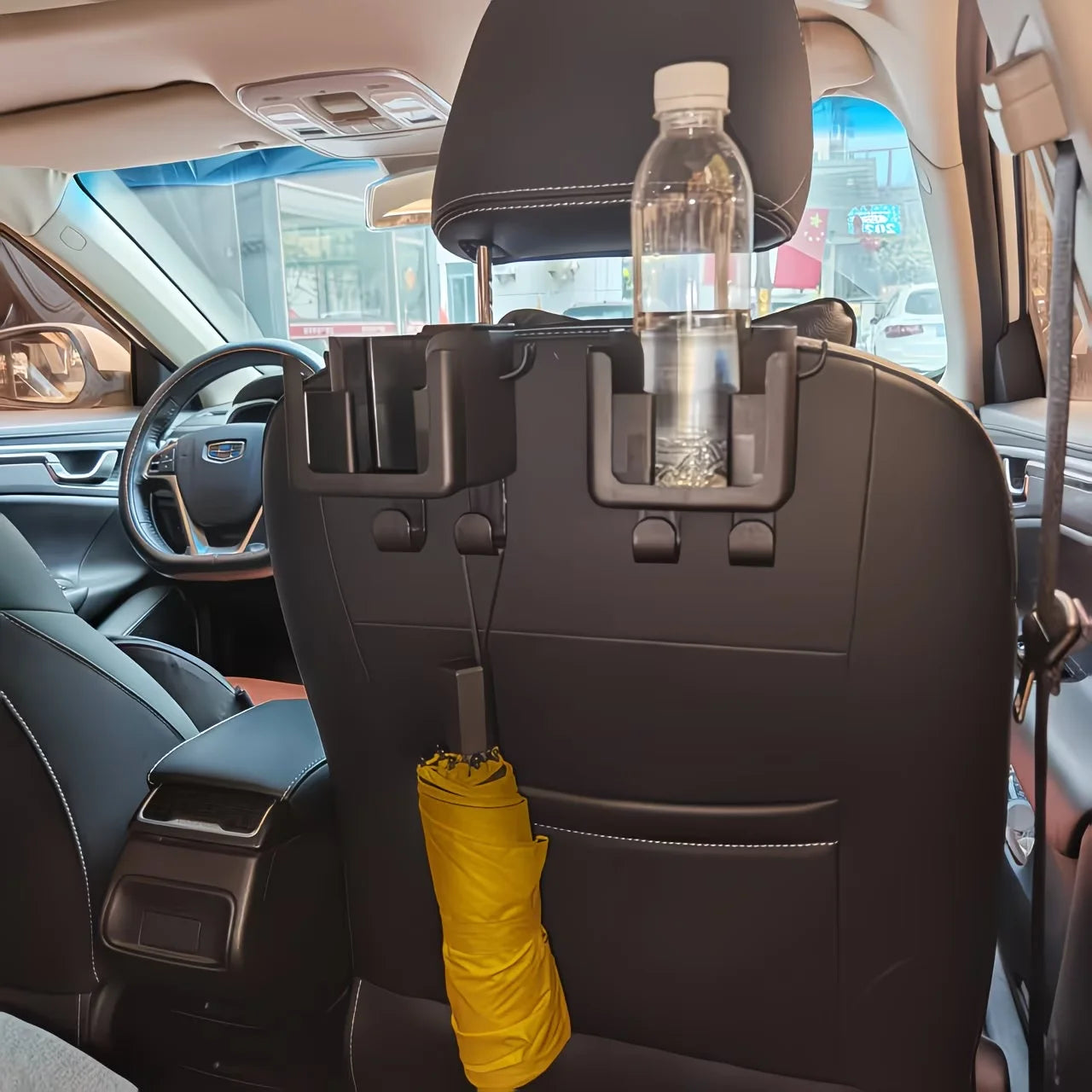 A 2-piece multi-functional car seat back storage bag, including a cup holder, a phone stand and a hook.