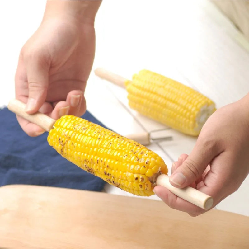 2/4 pcs Corn Holders Stainless Steel Wooden Handle Cob Skewers BBQ Anti Scalding Fruit Forks Outdoor Garden Picnic Cooking Tools