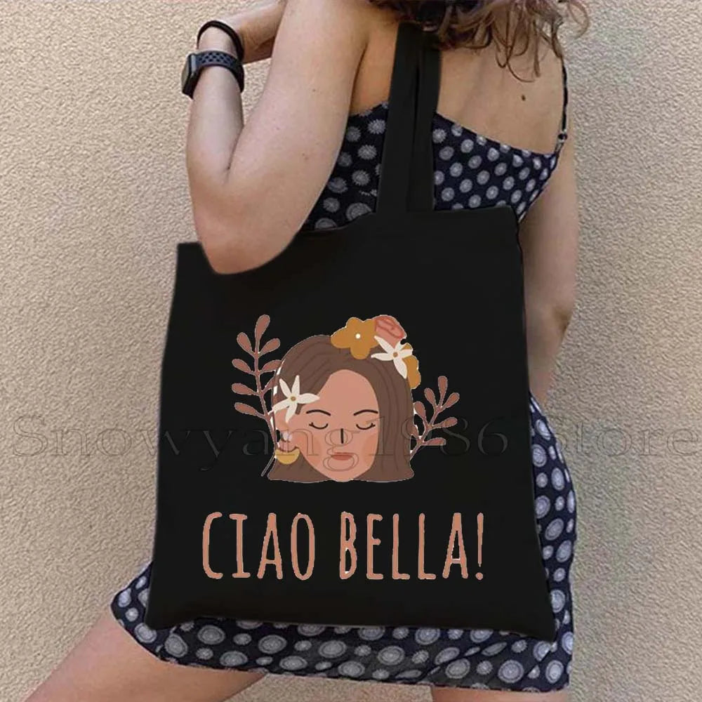 Funny Ciao Bella Saying Italy Flag Rome Colosseum Firenze Florence Panorama Italian Canvas Tote Bag Shopper Girl Casual Handbag
