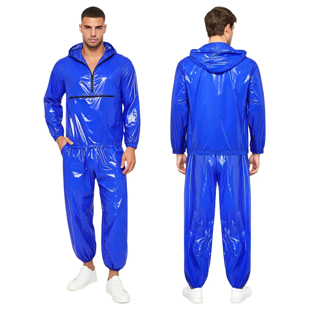 Mens Waterproof Tracksuit Sauna Sweat Outfit Zipper Pocket Hoodie Sweatshirt Windbreaker And Jogging Pants Rainwear Sportswear