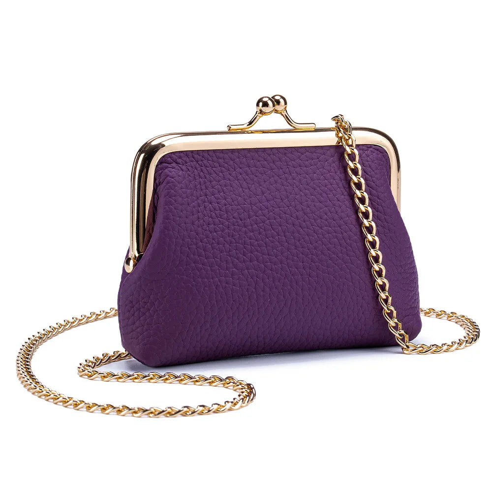 Women's Kiss Lock Crossbody Bag Genuine Leather Mini Handbags Kiss Clasp Crossbody Shoulder Bags Coin Purse Messenger Handbag