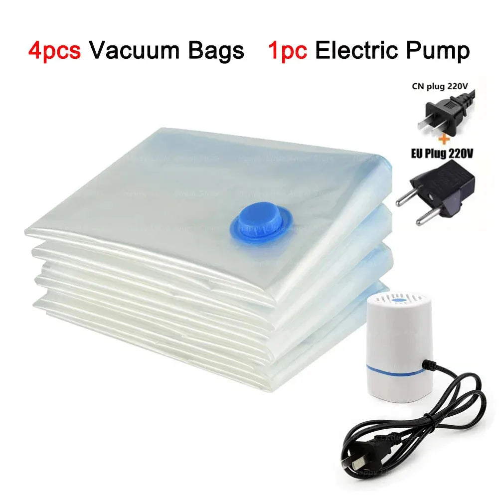 4pcs Reusable Vacuum Bags Transparent Folding Compressed Space Saving Vacuum Bag for Clothes Large Travel Container