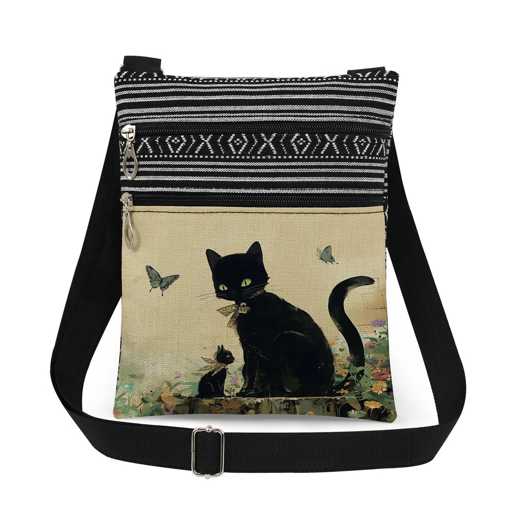 Cute Cartoon Black Cat Print Crossbody Bags Shoulder Bags For Women Daily Travel Portable Small Messenger Bags Catkeeper Gift