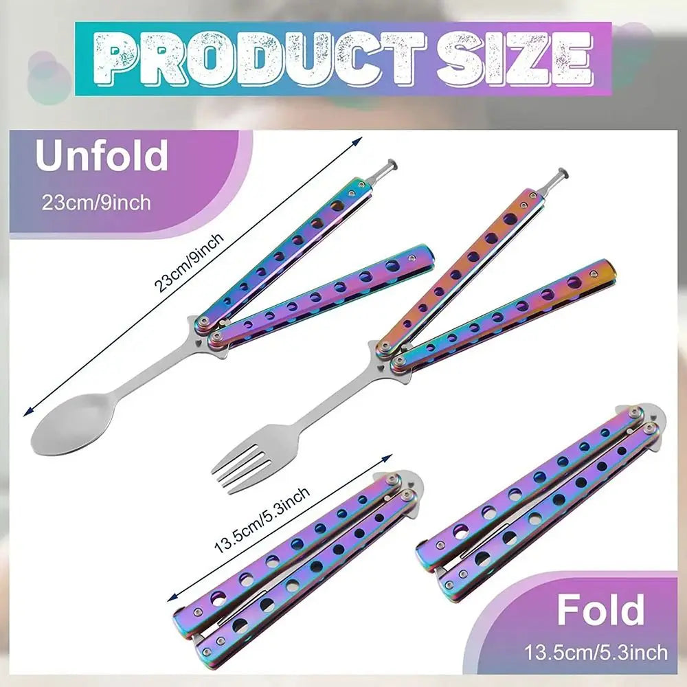 Durable Stainless Steel Butterfly Folding Spoon Fork Practice Training Outdoor Camping Tableware Balisong Training Tool