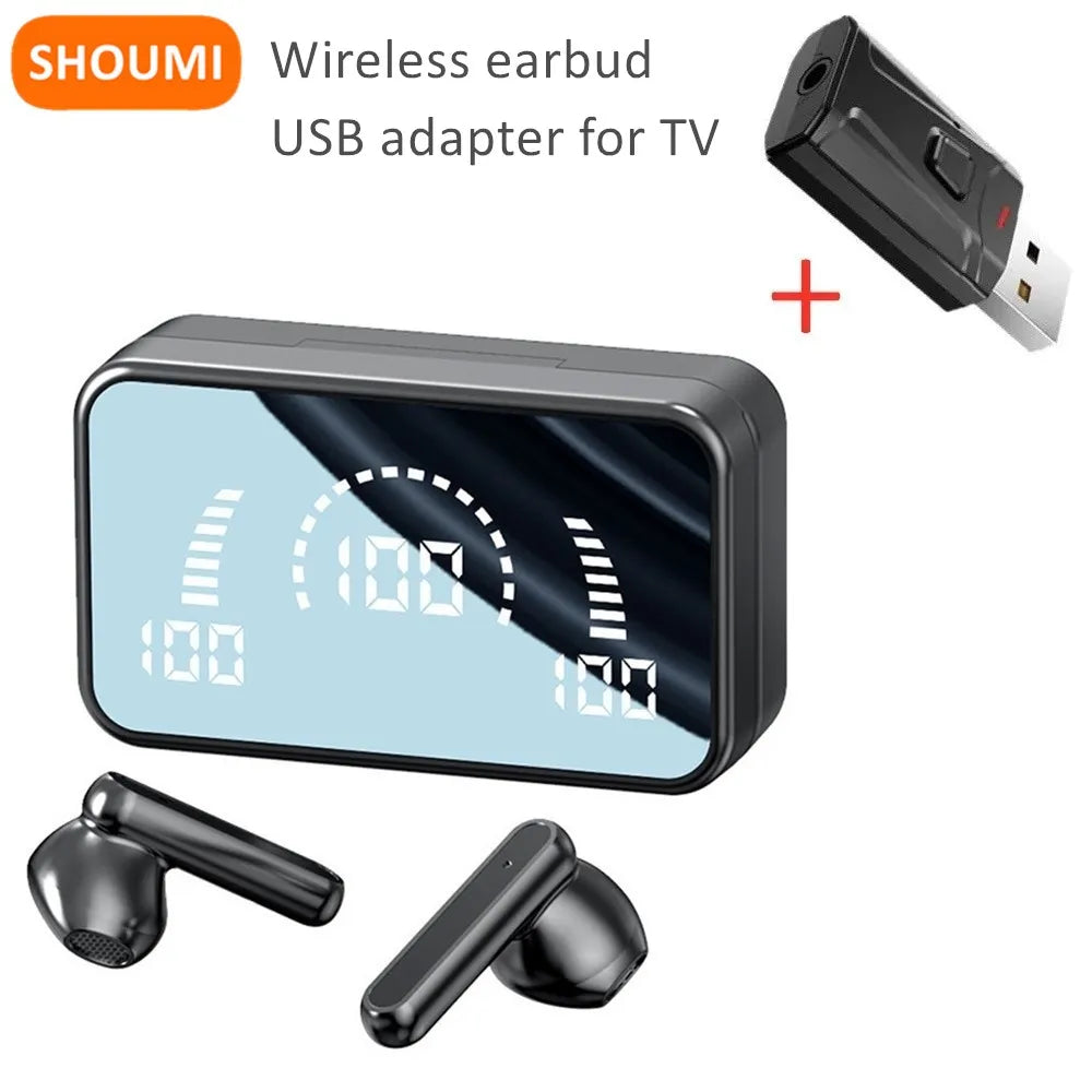 Wireless Tv Earbud Tws Bluetooth Headset with USB Adaptor 9D Stereo Earphone CVC Noise Cancelling 2000mA Charging Box Mic for TV