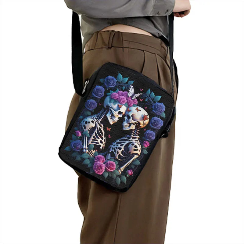 Skull Rose Butterfly Print Crossbody Bag Women Shoulder Bags for Travel Handbags Phone Holder Student Messenger Bags Gift