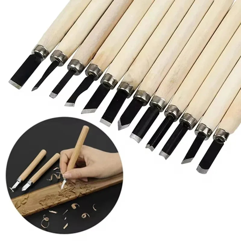 12pcs Wood Carving Chisels Set for Detailed Woodworking Basic Cutting DIY Hand Tools Gouges Knife Kit Craftsmanship