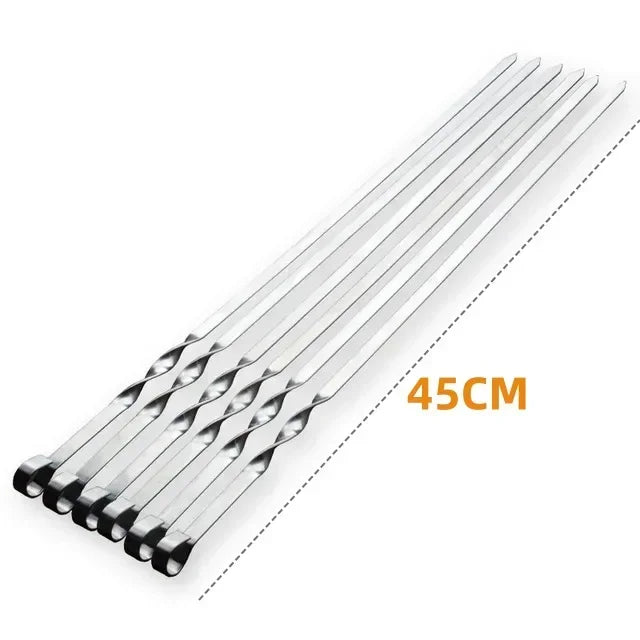 6Pcs Wide Flat Stainless Steel BBQ Skewer Barbecue Sticks Fork Outdoor Camping Picnic Kitchen BBQ Utensil Accessories Supply
