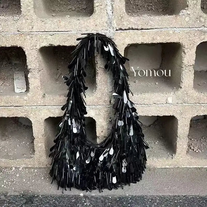 Women Round Bead Bracelet Tassel Underarm Designer Bag Shiny Rhinestone Purses