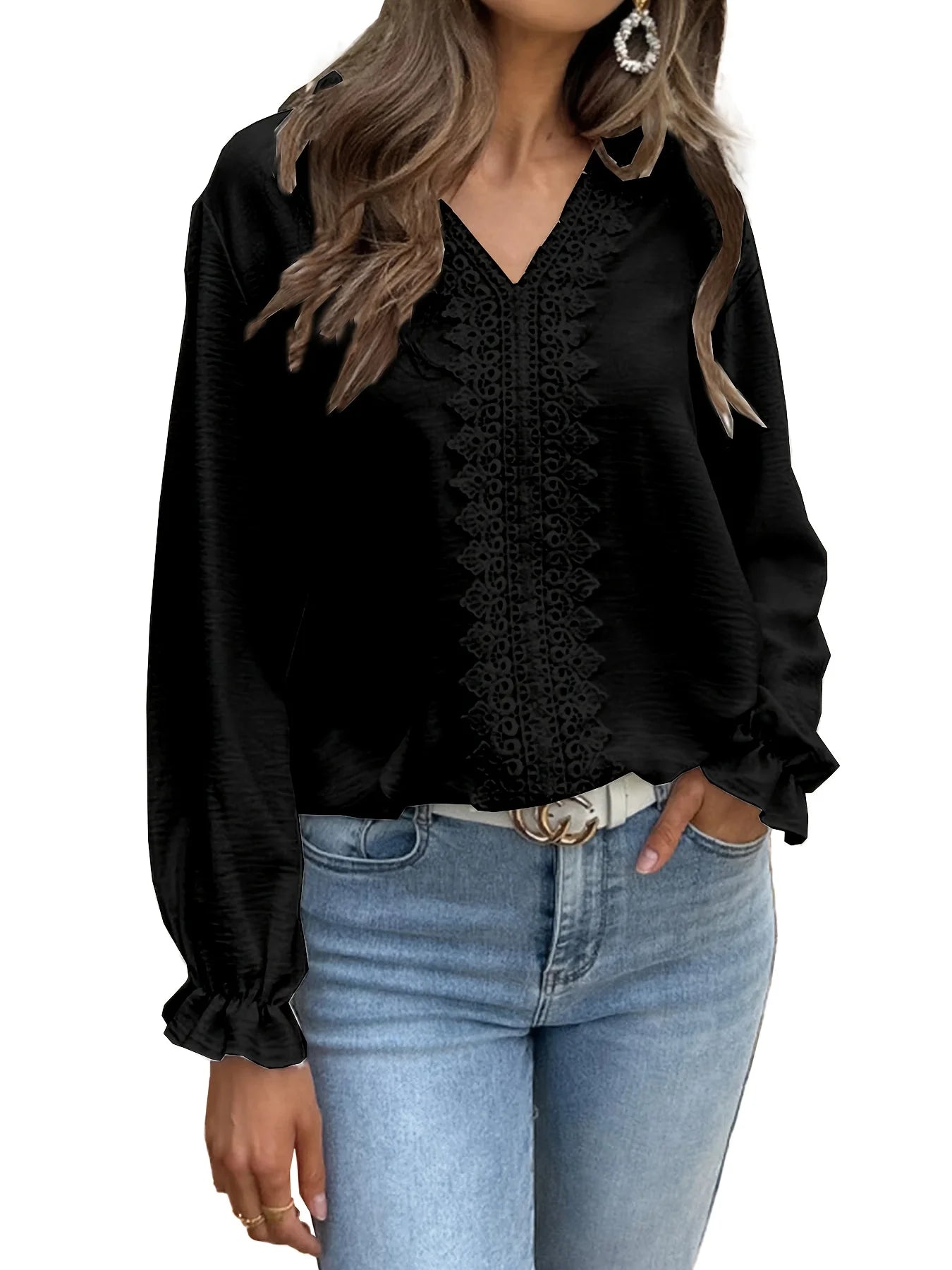 Ladies' Plus Size Spring & Autumn Lace-Piece Long Sleeve Casual V-Neck T-Shirt