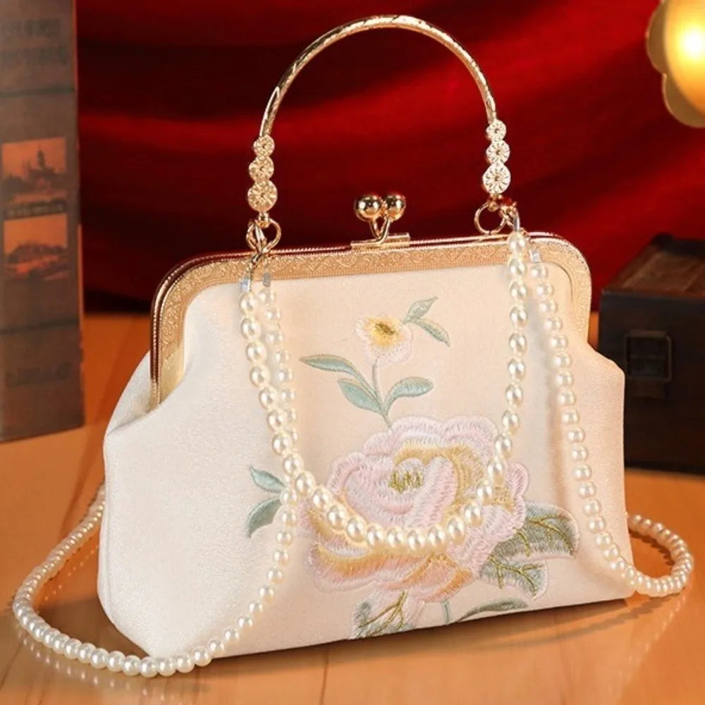 Popular Chinese Style Banquet Bag Embroidery High Capacity Shoulder Bag Pearl Handle Trendy Crossbody Bag Women