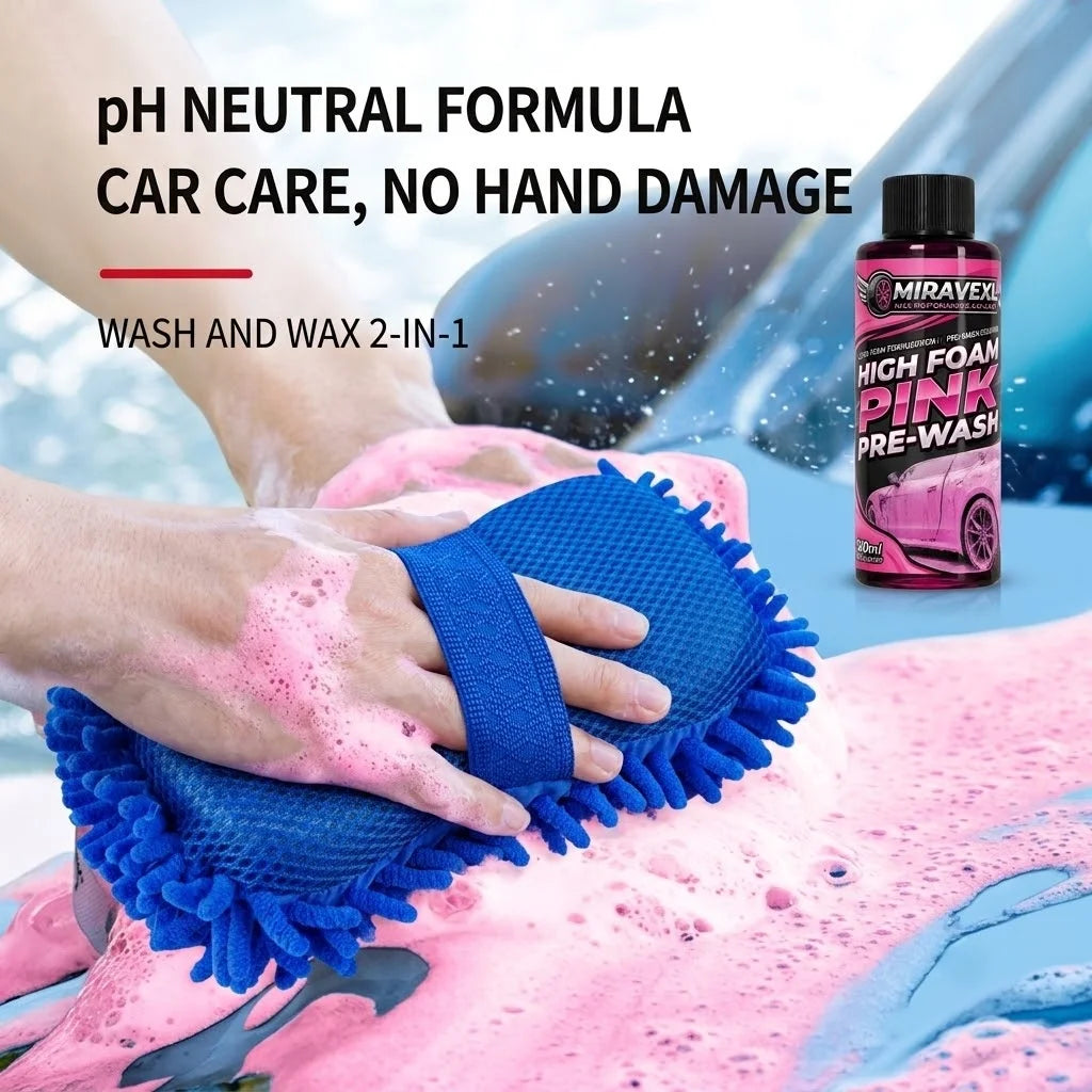 MIRAVEXL High Foam Pink Pre-Wash 100ml Car Care Set, Deep Cleansing Foam Solution, Professional Blue Microfiber Wash Mitt