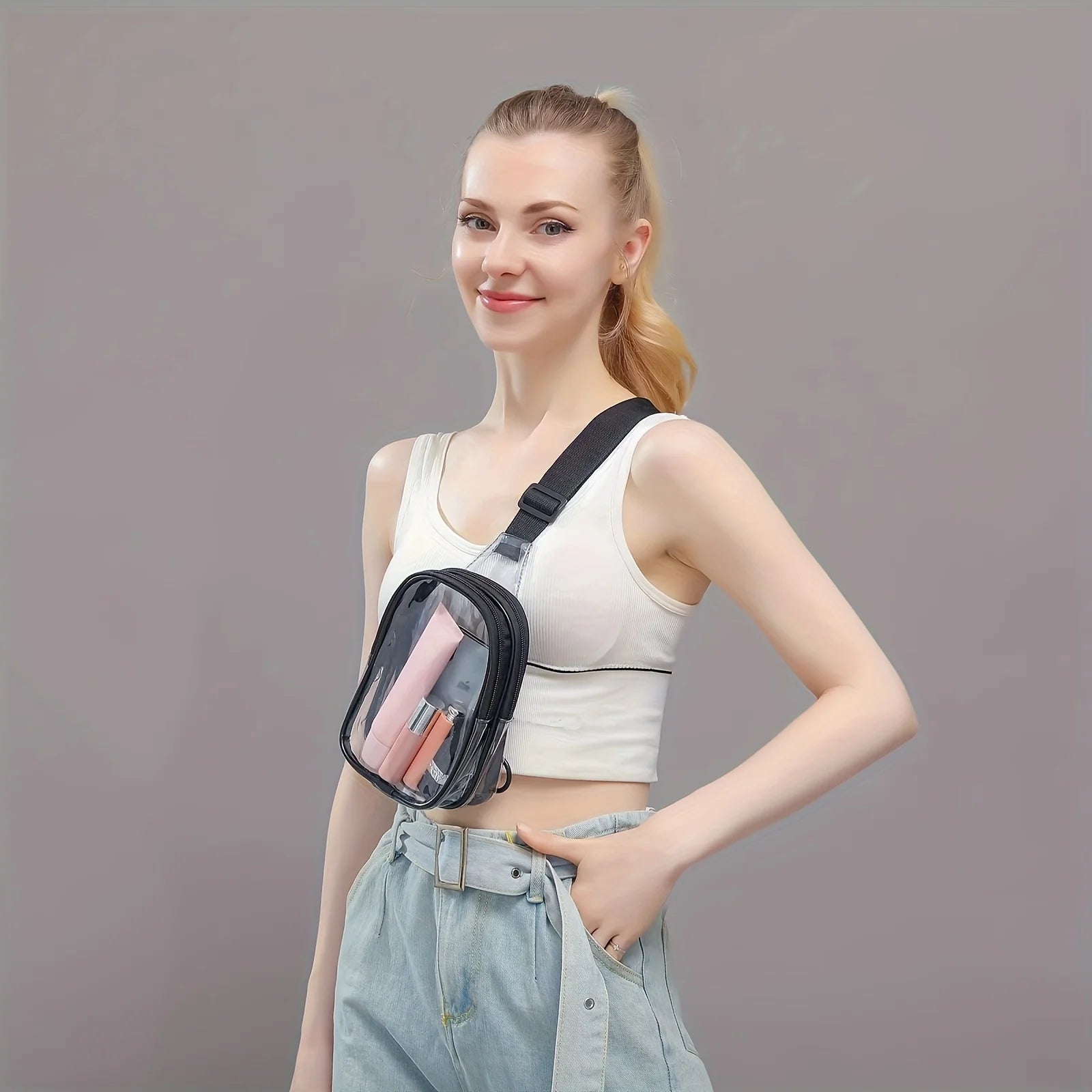 Clear Sling Bag, Clear Fanny Pack Stadium Approved Crossbody Bag Purses for Women Heavy Duty Transparent Chest Bag with Adjustab