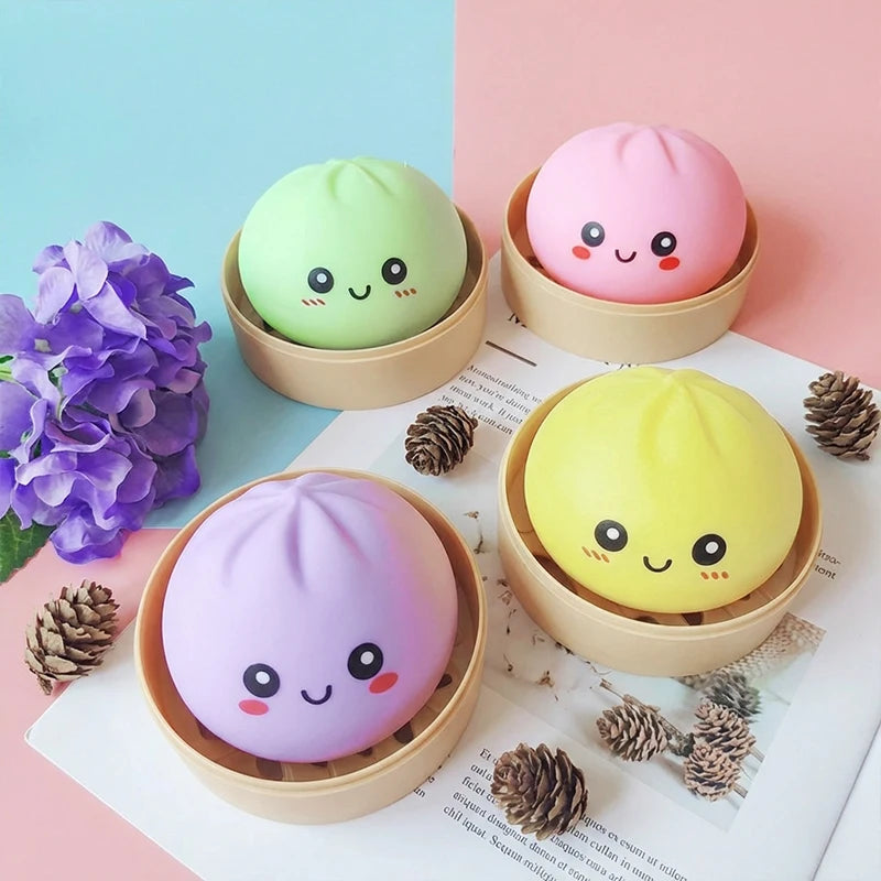 Colorful Dumpling Squishy Stress Relief Balls with Steamer Reusable Rebound Squeeze Reliever Dough Ball Home Office Gifts