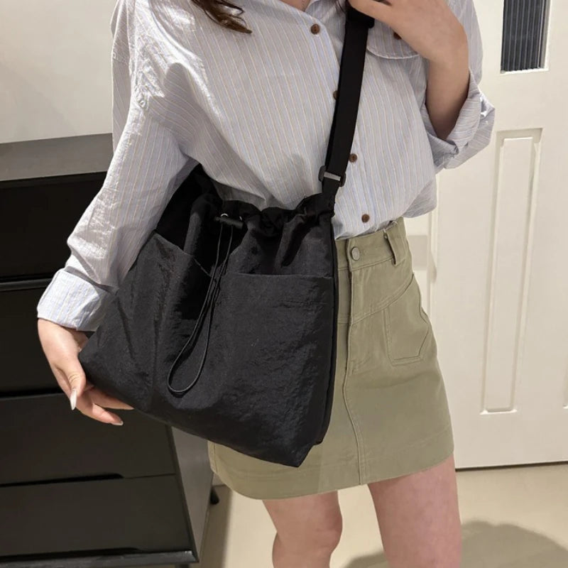 Stylish Drawstring Canvas Shoulder Bag with Adjustable Strap Pendant, Lightweight Casual Bucket Bags for Everyday Crossbody Bag