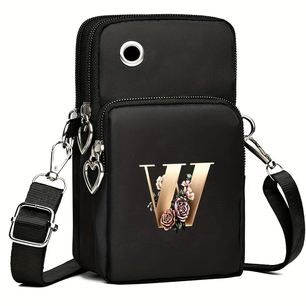 Fashion A-Z Letter Print Women's Crossbody Bag Large Capacity Three-Layer Zipper Phone Bag Daily Travel Coin Purse