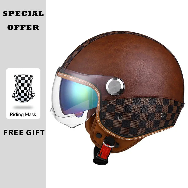 Open Face Helmet Vintage Leather Motorcycle Helmets Double Visor DOT Approved Retro 3/4 Jet Half Helmet with Inner Lens