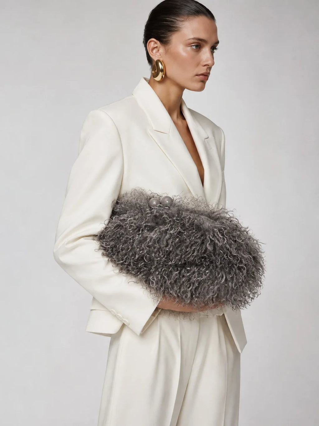 Women kisslock Faux Fur furry Clutch bag winter warm pouch frame clasp bag with chain crossbody dark grey red yellow