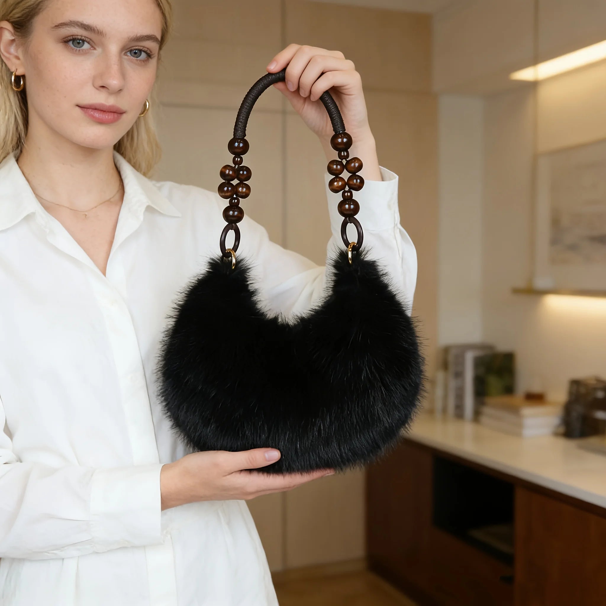 Elegant Plush Tote & Crossbody Bag with Beaded Strap. Zipper Closure, Multiple Colors. Perfect for Daily & Special Events.