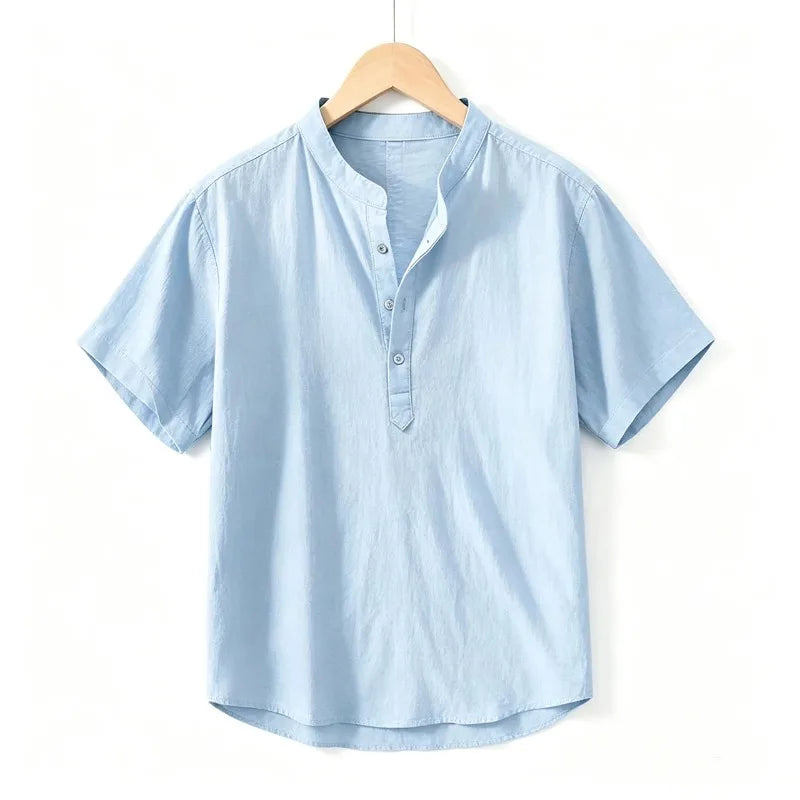 2026 summer cross-border men cotton and polyser stand collar short sleeved shirt loose casual Henley shirt for men